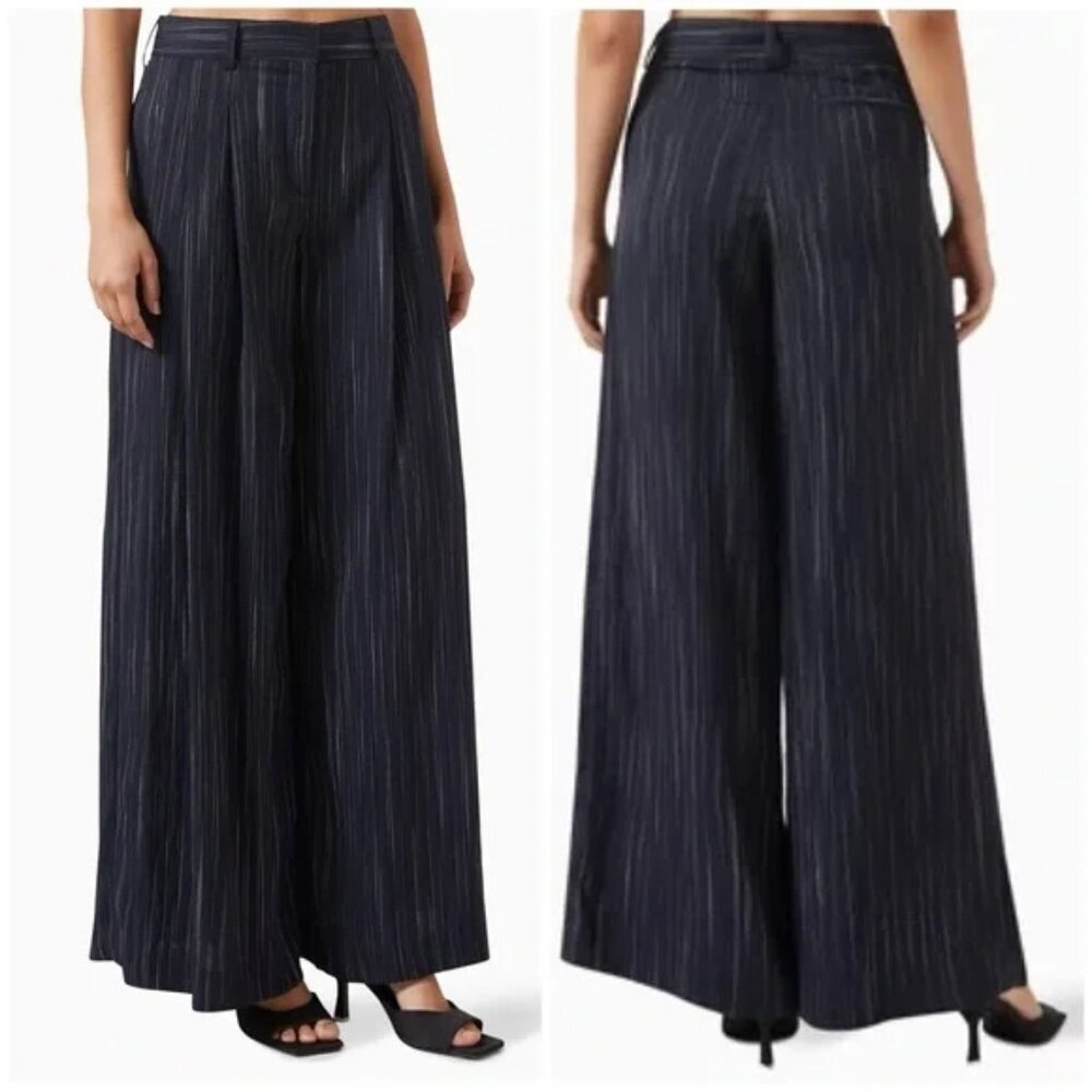 New TWP Didi Wide Leg Pants Pleat Navy Blue Stripe